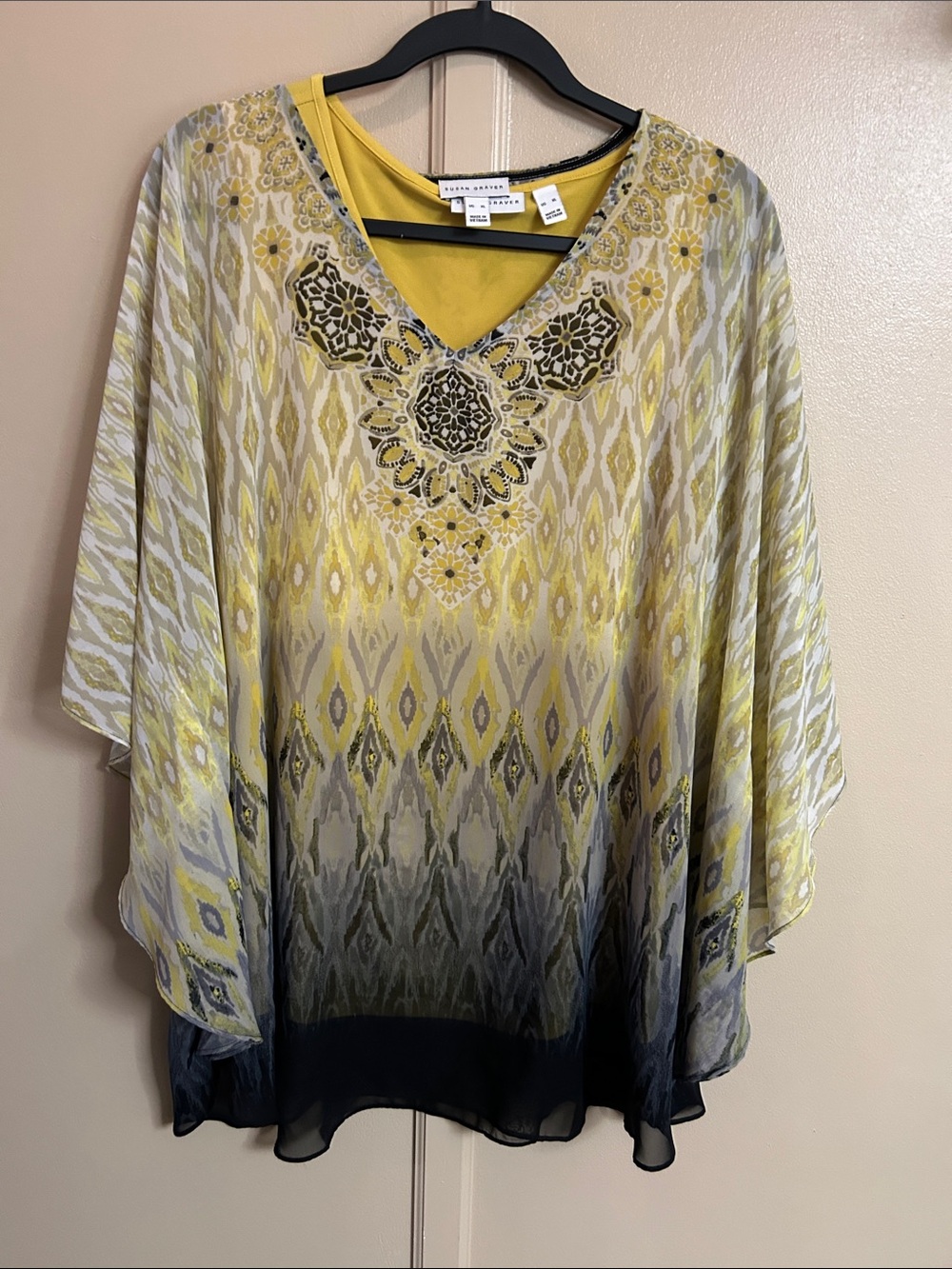 Susan Graver Yellow and Gray Embellished V-Neck Tunic
